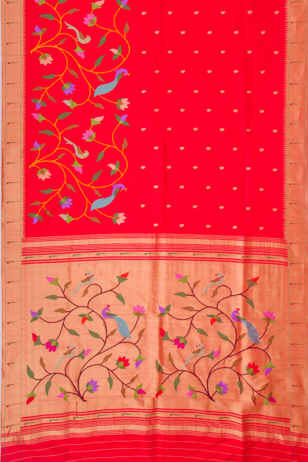 Paithani Silk Butta Red Saree With Muniya Border