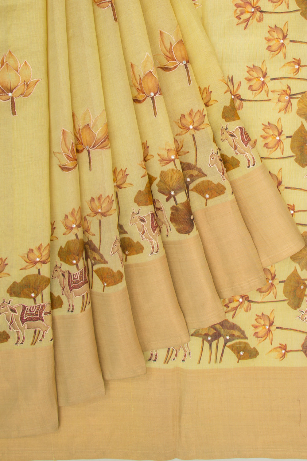 Soft Tussar Tissue Pichwai And Floral Printed Yellow Saree