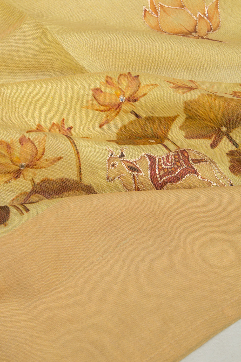 Soft Tussar Tissue Pichwai And Floral Printed Yellow Saree