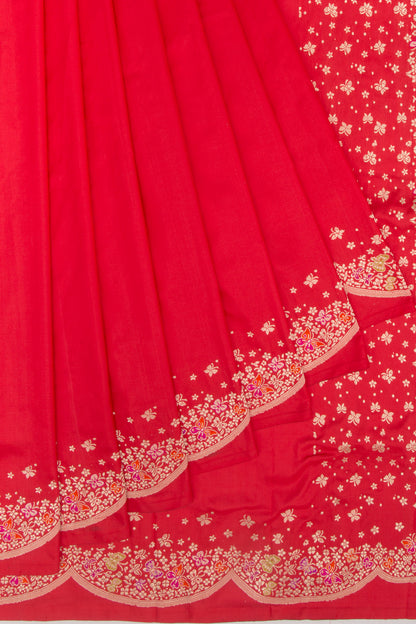 Banarasi Silk Plain Red Saree With Scallop Border