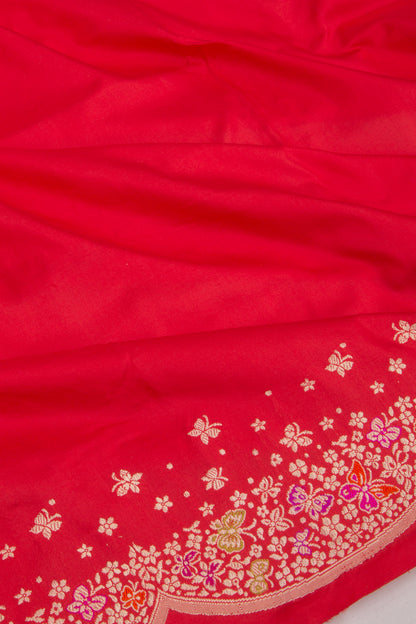 Banarasi Silk Plain Red Saree With Scallop Border