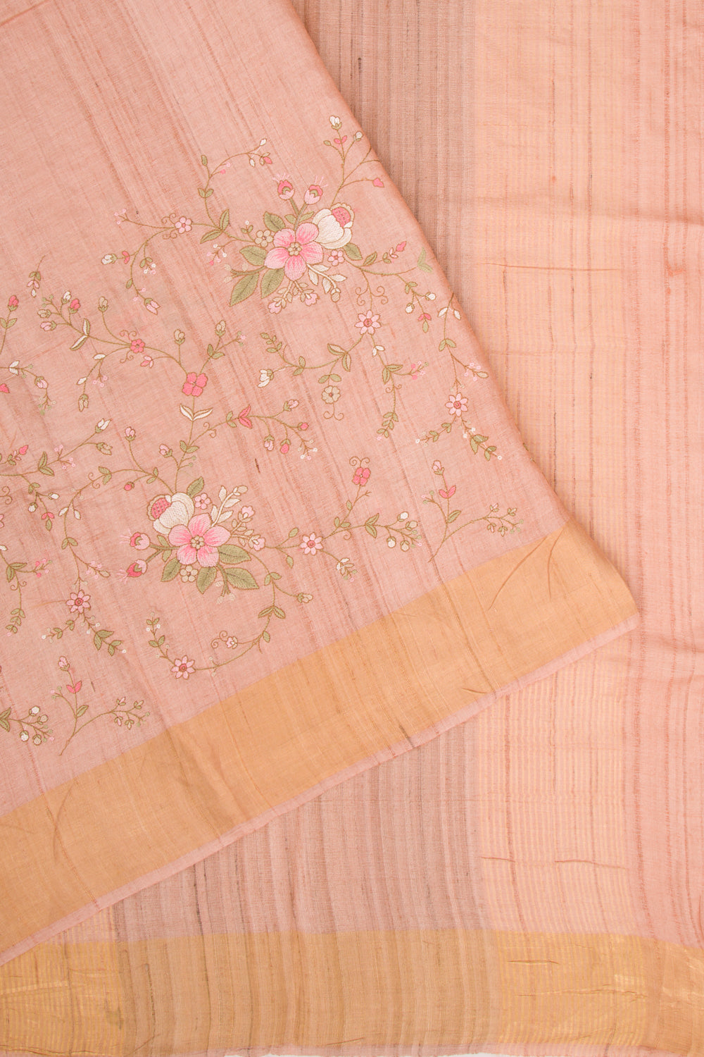 Tussar Floral Embroidery Peach Saree