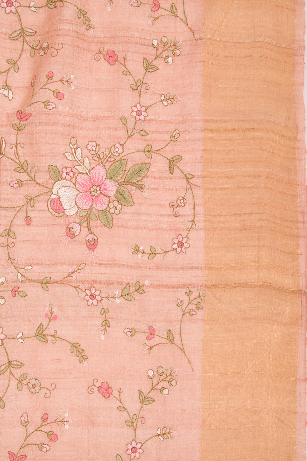 Tussar Floral Embroidery Peach Saree