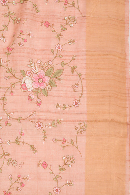 Tussar Floral Embroidery Peach Saree