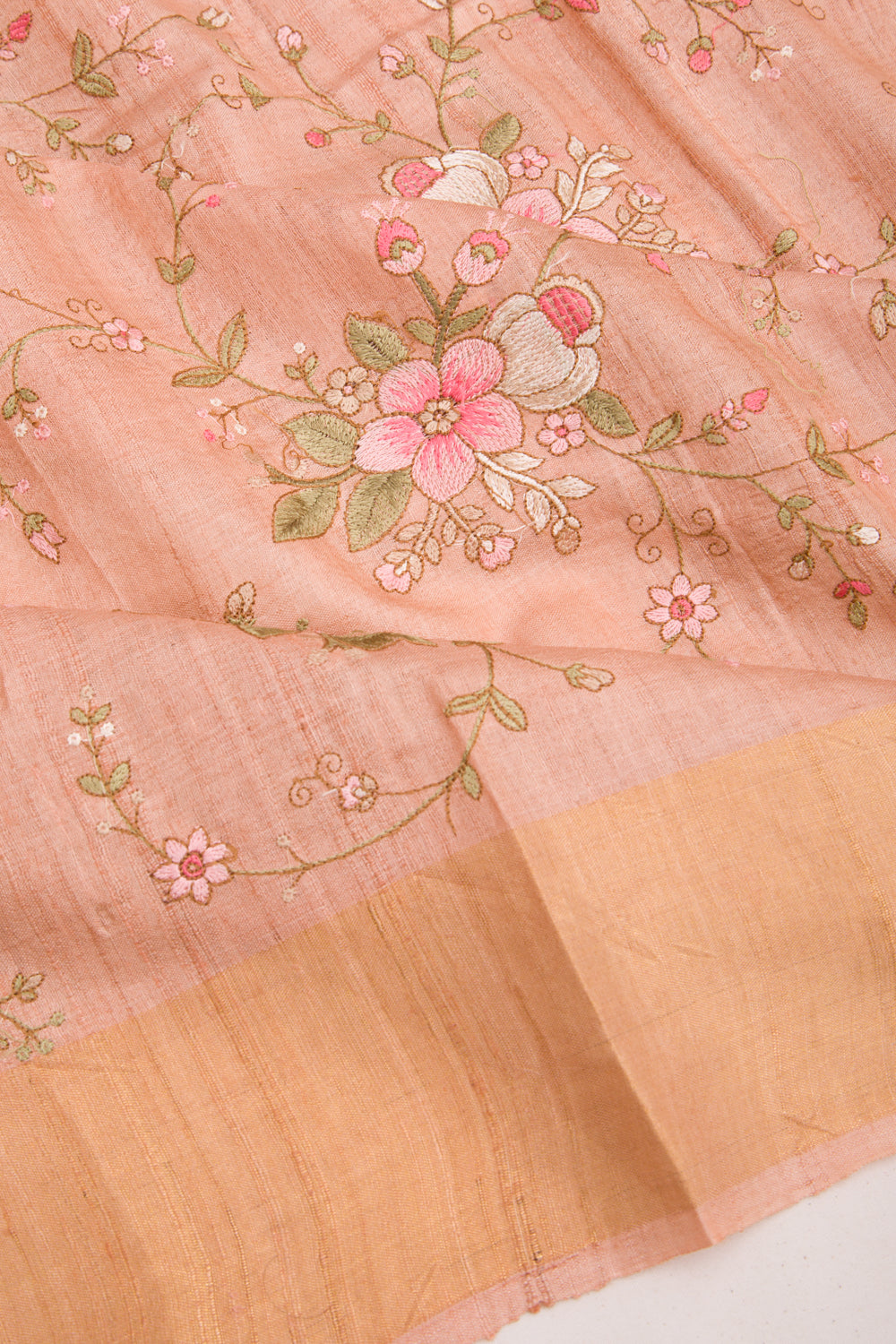 Tussar Floral Embroidery Peach Saree