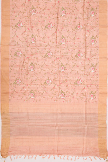 Tussar Floral Embroidery Peach Saree