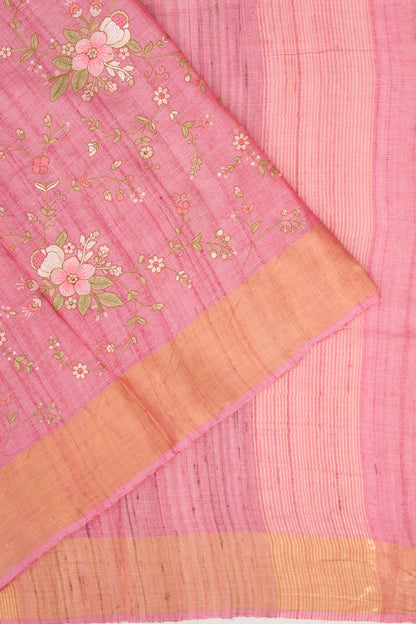 Tussar Floral Embroidery Pink Saree