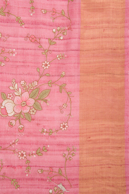 Tussar Floral Embroidery Pink Saree