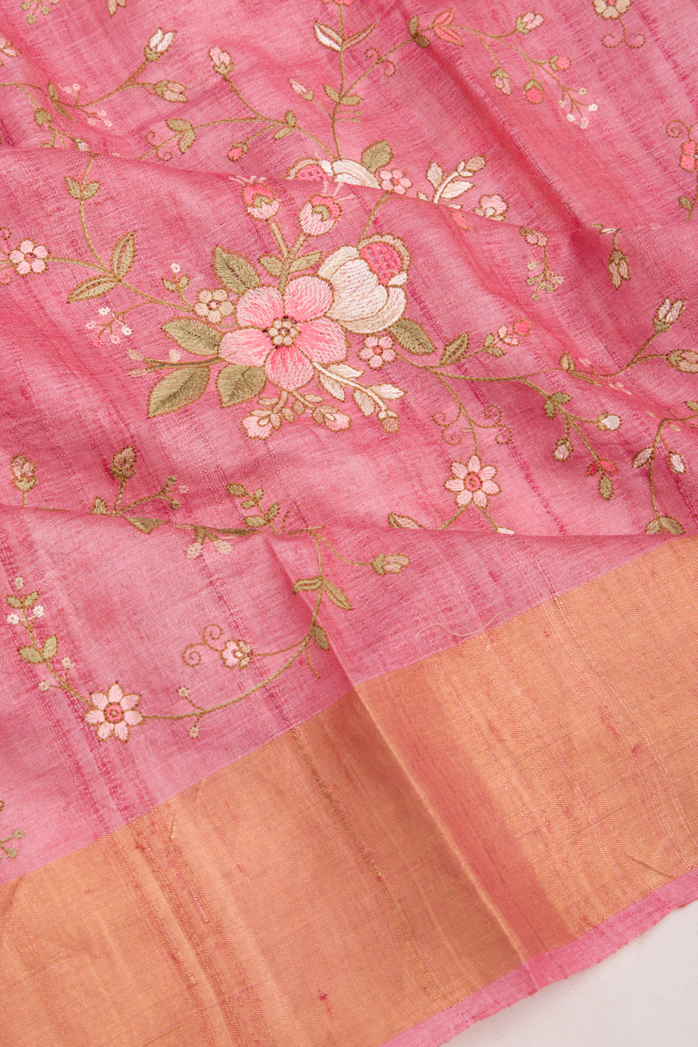 Tussar Floral Embroidery Pink Saree