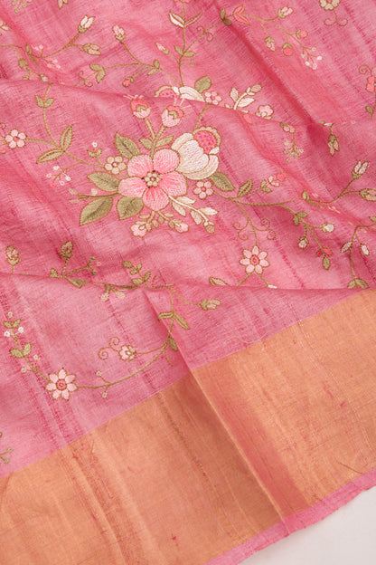 Tussar Floral Embroidery Pink Saree