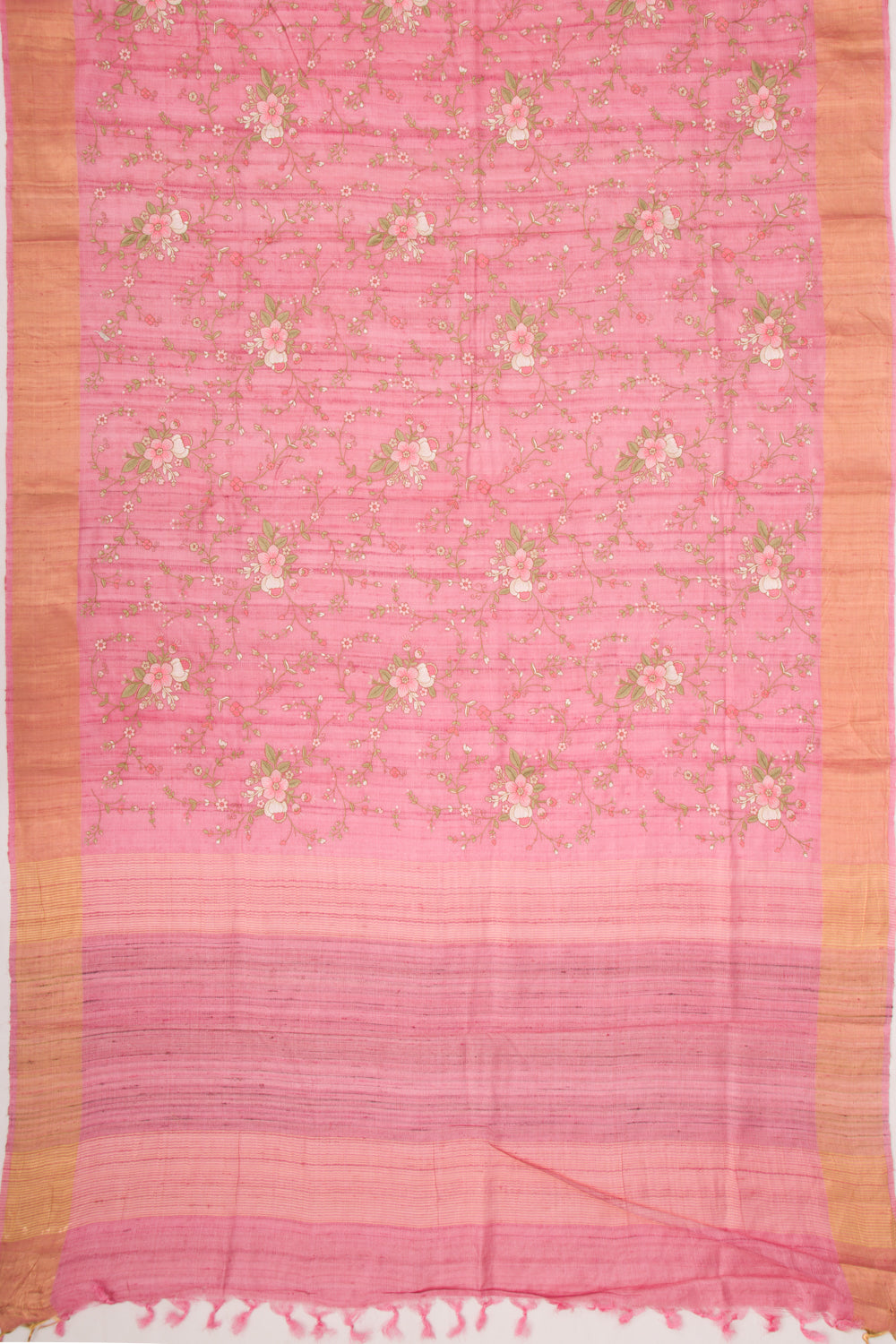 Tussar Floral Embroidery Pink Saree