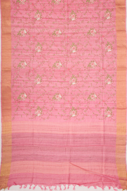 Tussar Floral Embroidery Pink Saree