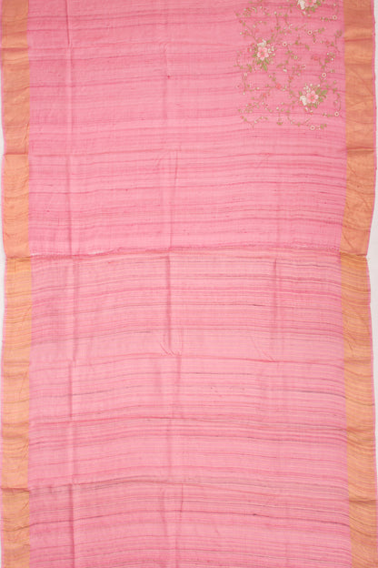 Tussar Floral Embroidery Pink Saree