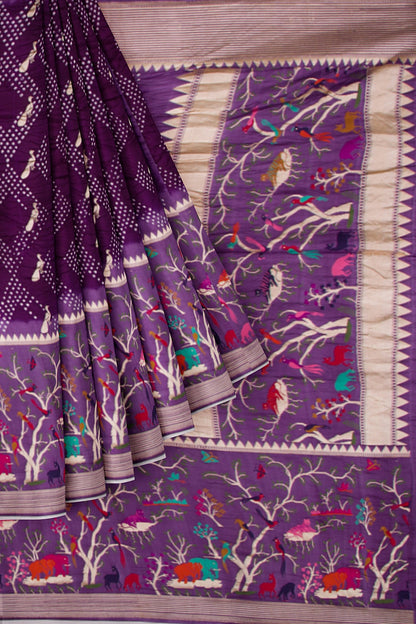 Banarasi Silk Bandhani Butta Violet Saree