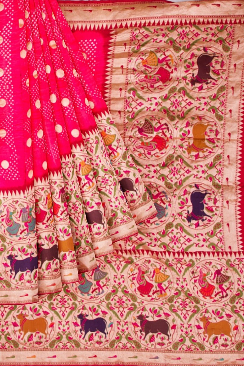Banarasi Silk Bandhani Butta Pink Saree