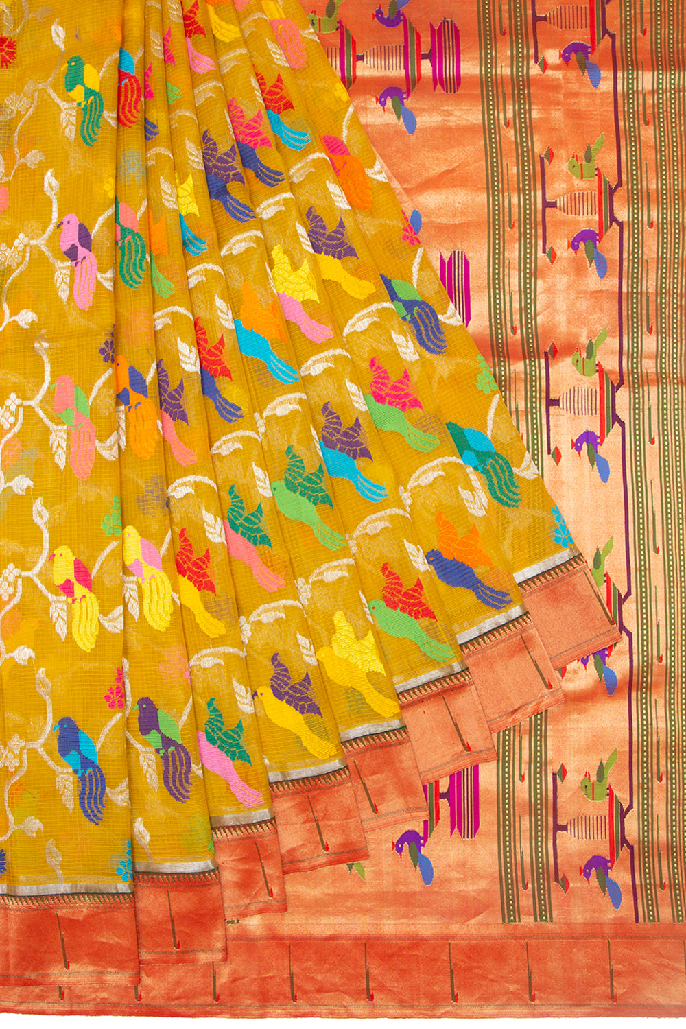 Kota Silk Jamdani Jaal Yellow Saree With Attached Paithani Border