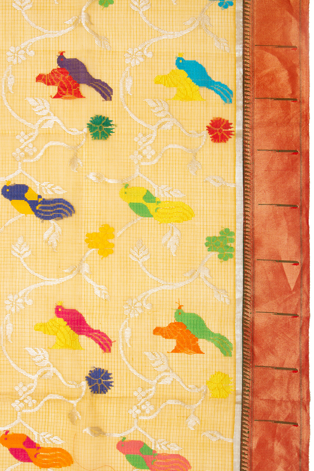 Kota Silk Jamdani Jaal Yellow Saree With Attached Paithani Border