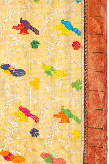 Kota Silk Jamdani Jaal Yellow Saree With Attached Paithani Border