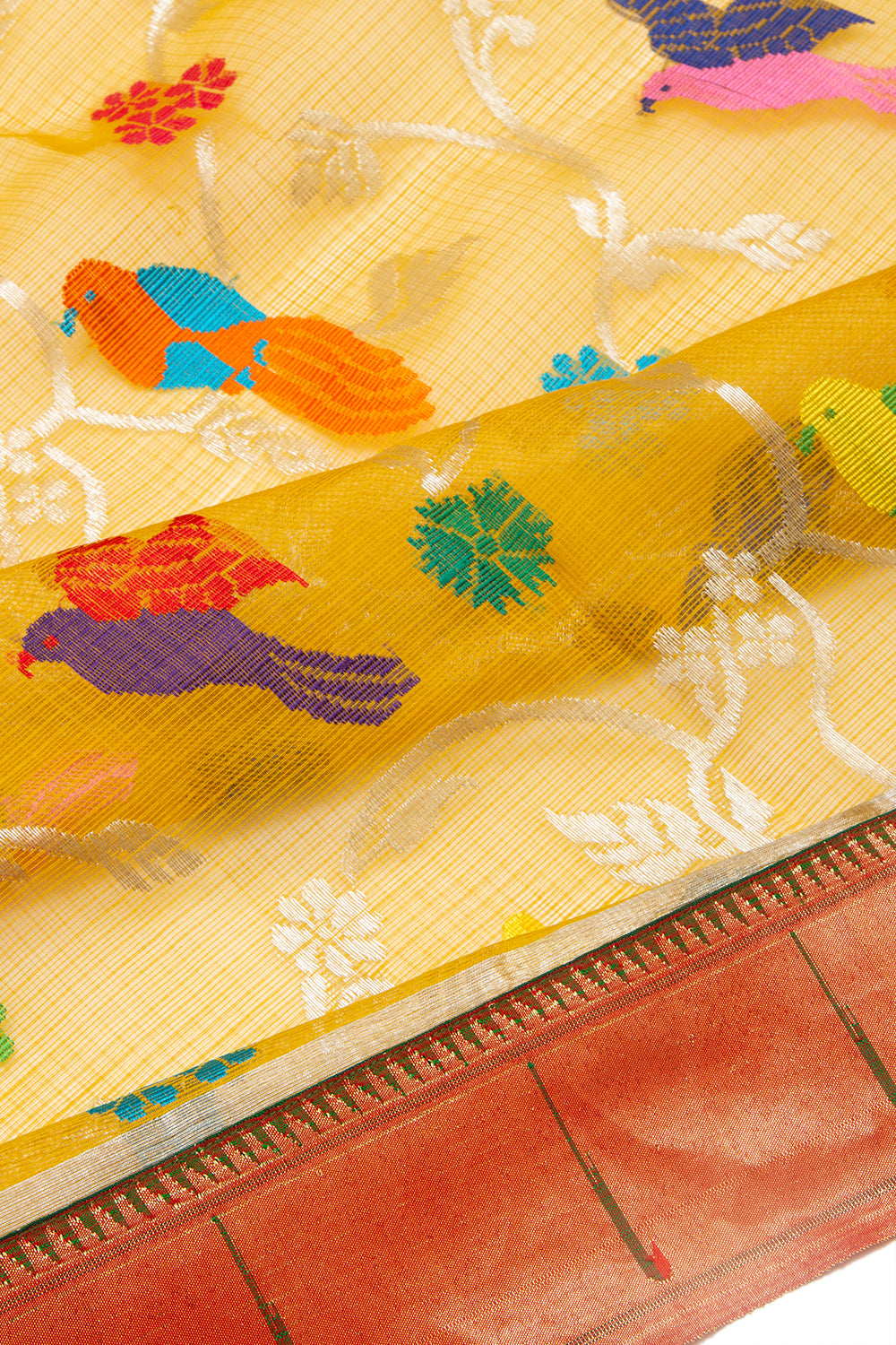 Kota Silk Jamdani Jaal Yellow Saree With Attached Paithani Border