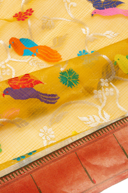 Kota Silk Jamdani Jaal Yellow Saree With Attached Paithani Border