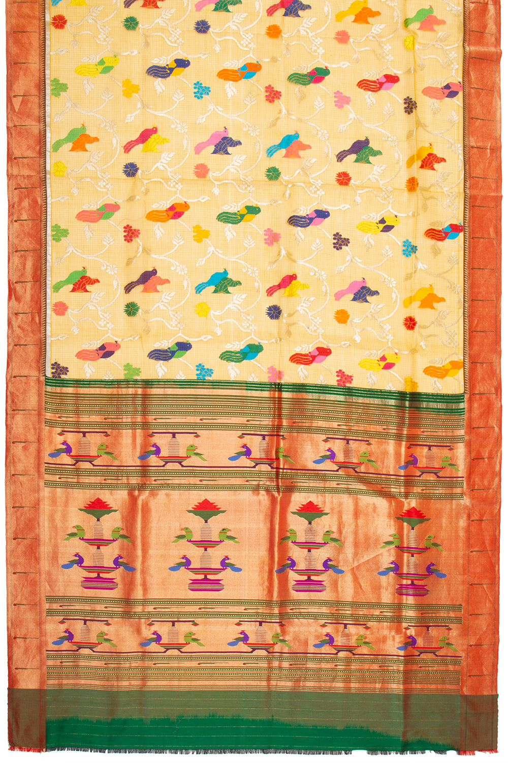 Kota Silk Jamdani Jaal Yellow Saree With Attached Paithani Border