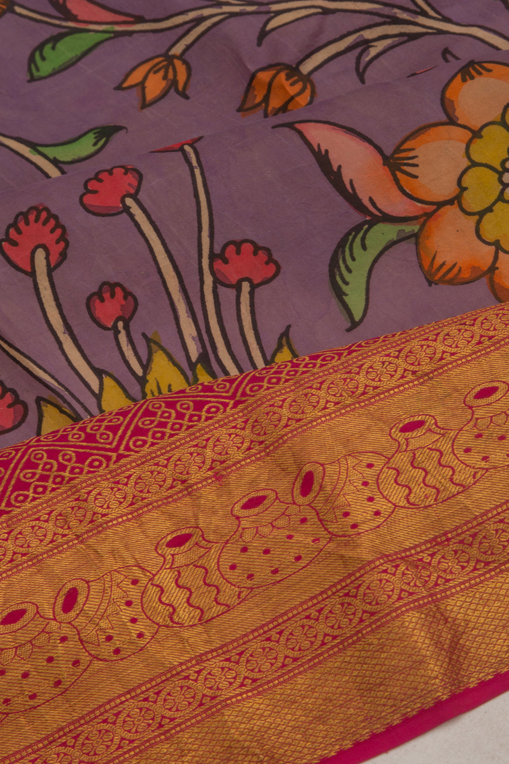 Kanchipuram Silk Kalamkari Lavender Saree