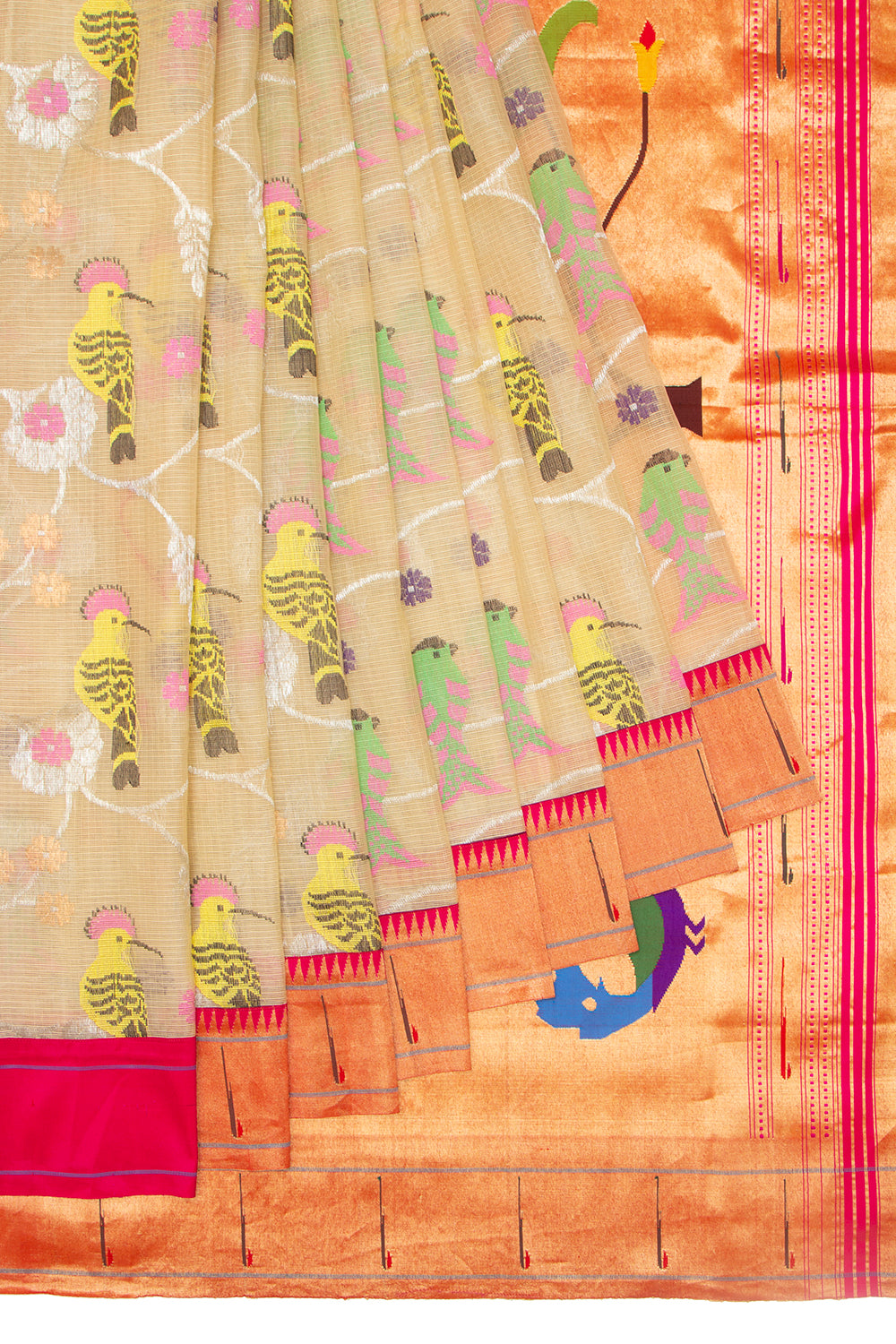 Kota Silk Jamdani Cream Saree With Paithani Border