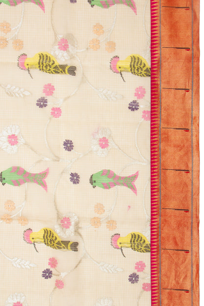 Kota Silk Jamdani Cream Saree With Paithani Border