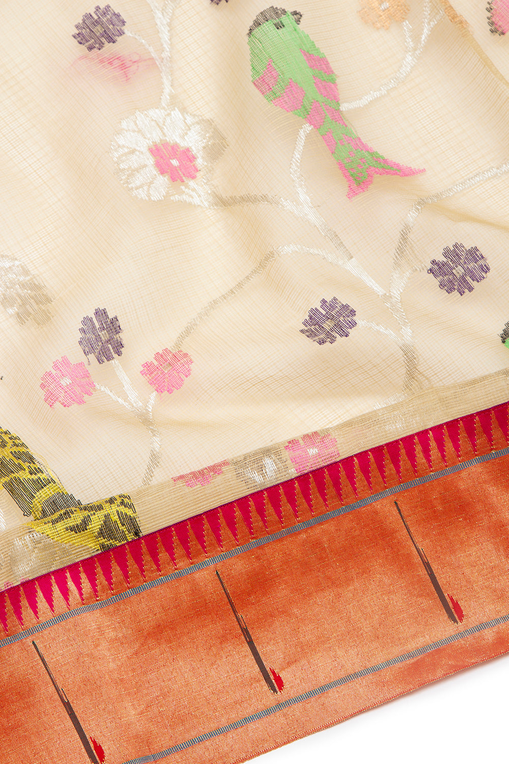 Kota Silk Jamdani Cream Saree With Paithani Border