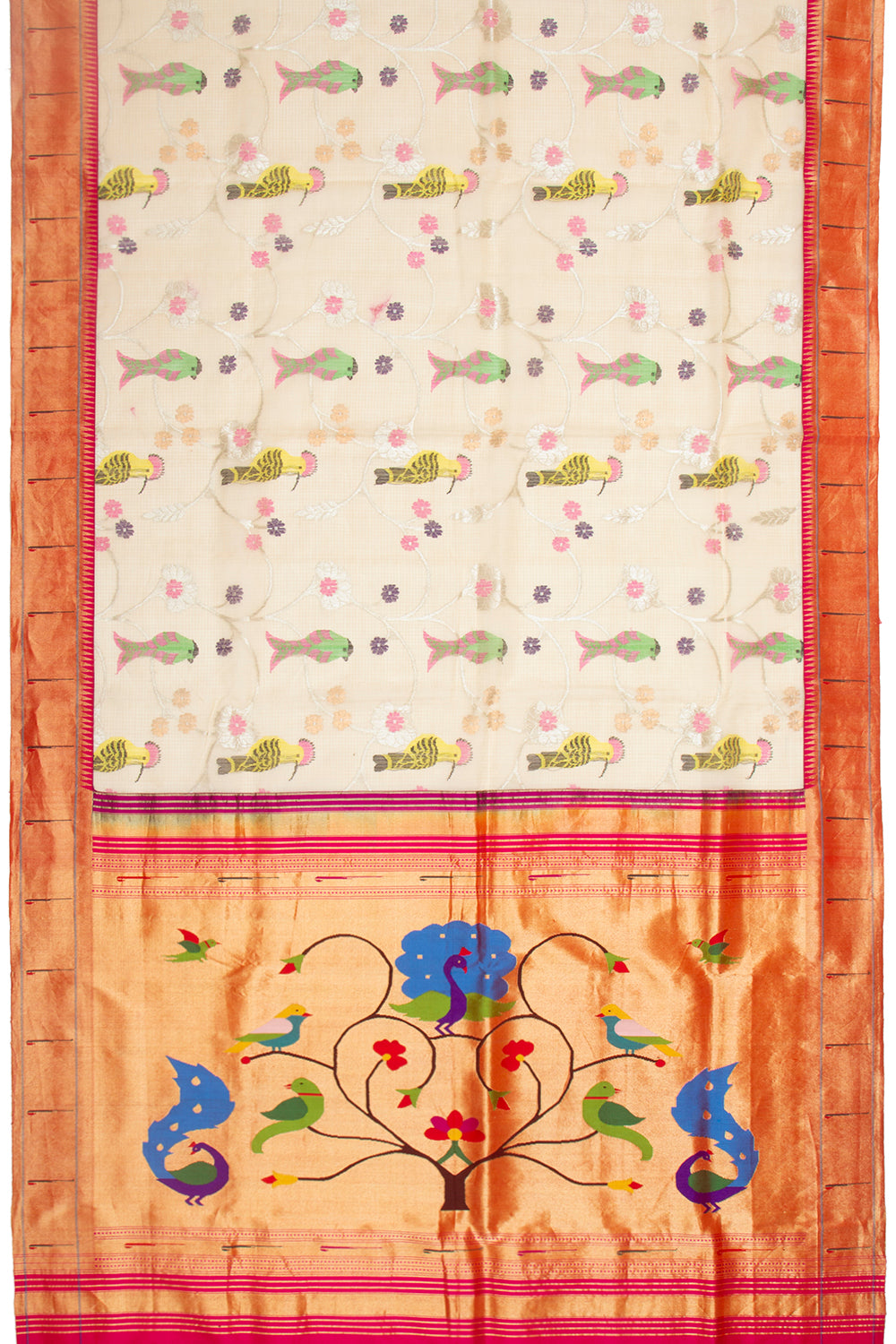 Kota Silk Jamdani Cream Saree With Paithani Border