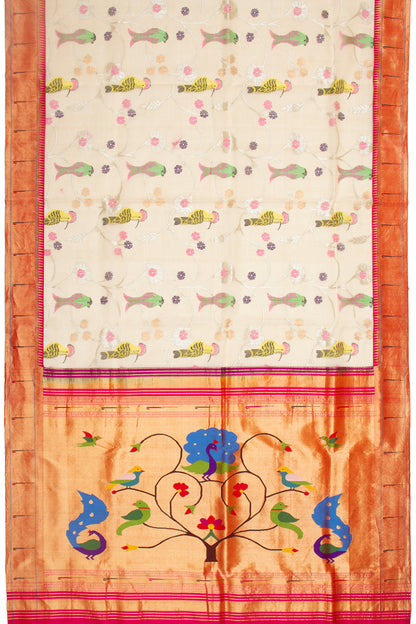 Kota Silk Jamdani Cream Saree With Paithani Border