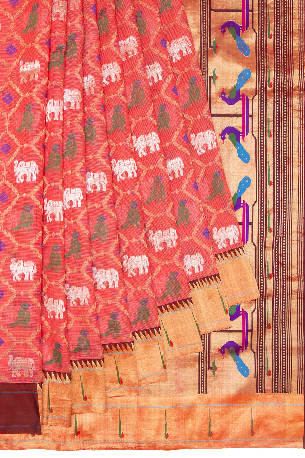 Kota Silk Jamdani Pastel Orange Saree With Paithani Border