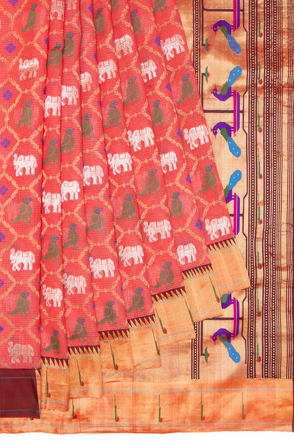 Kota Silk Jamdani Pastel Orange Saree With Paithani Border