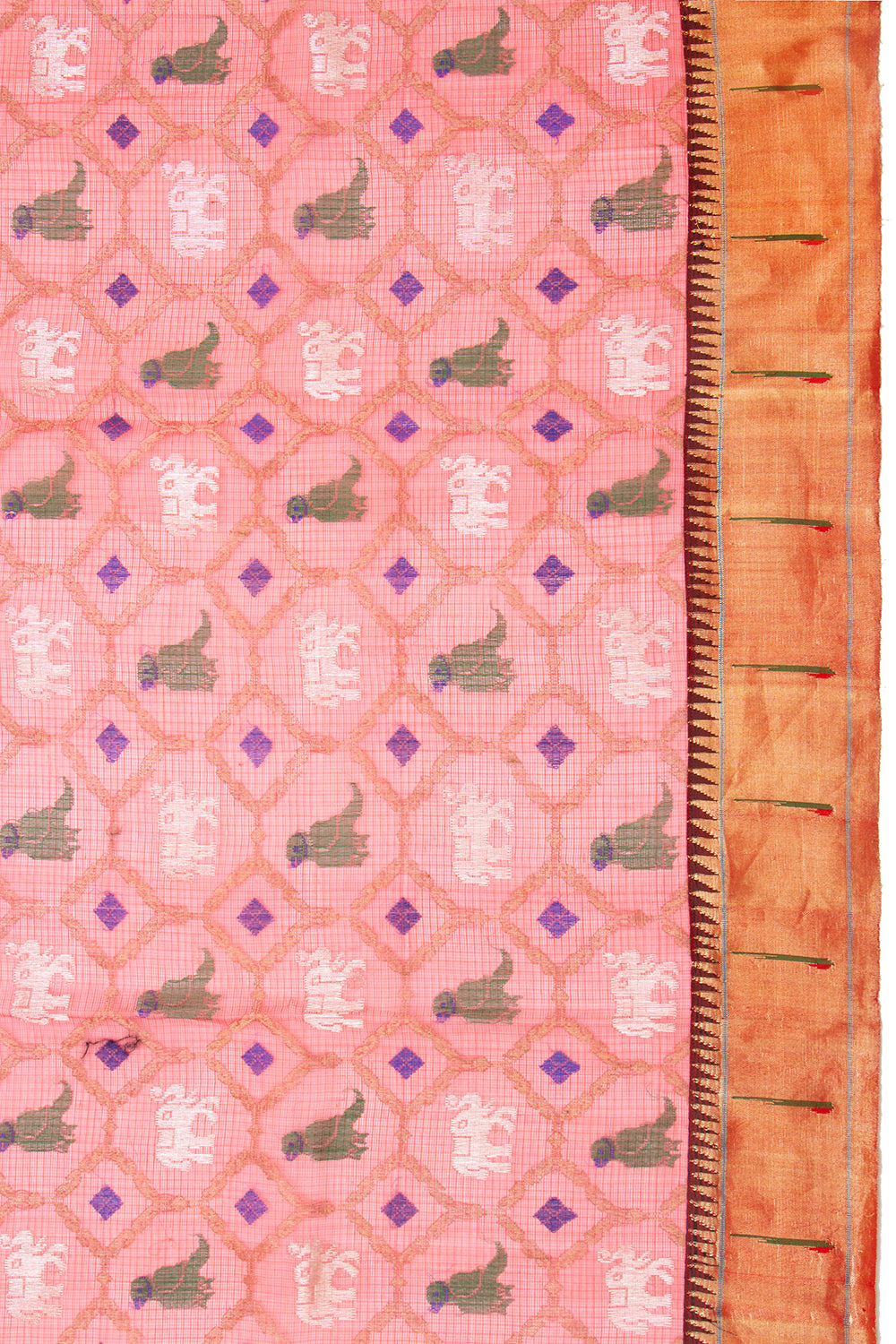 Kota Silk Jamdani Pastel Orange Saree With Paithani Border