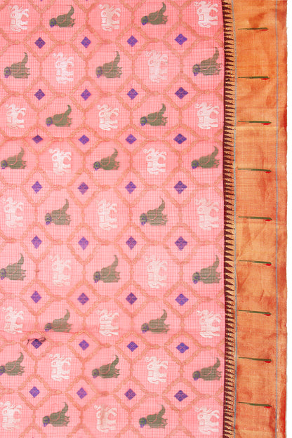 Kota Silk Jamdani Pastel Orange Saree With Paithani Border