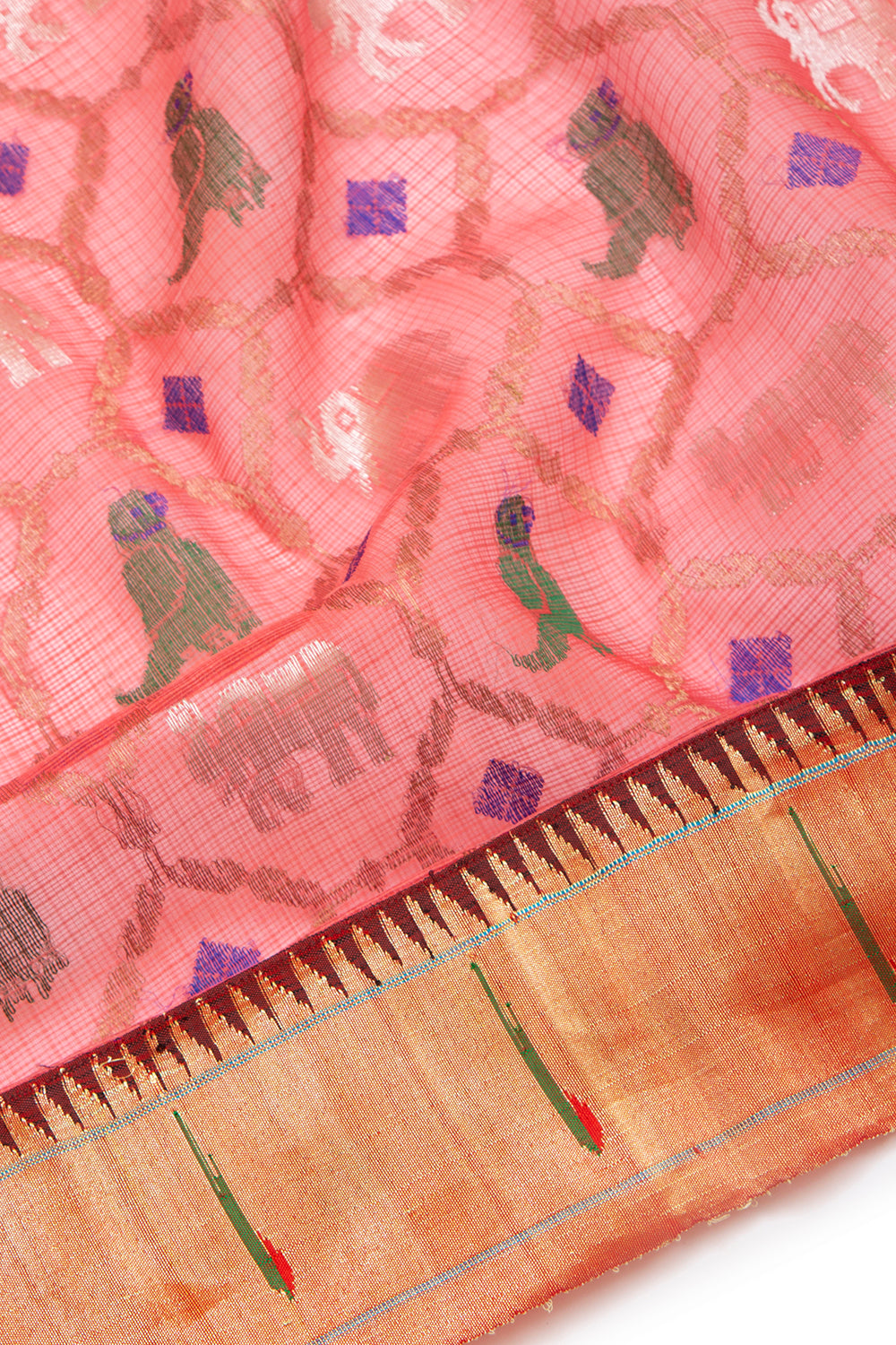 Kota Silk Jamdani Pastel Orange Saree With Paithani Border
