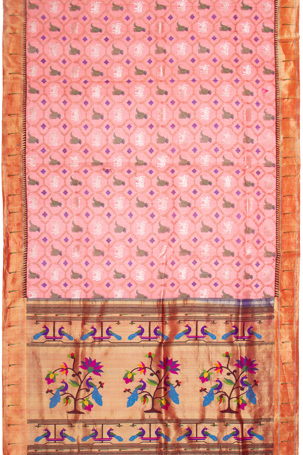 Kota Silk Jamdani Pastel Orange Saree With Paithani Border