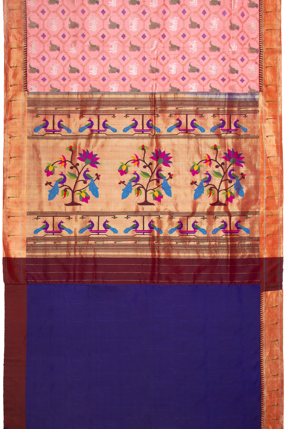 Kota Silk Jamdani Pastel Orange Saree With Paithani Border