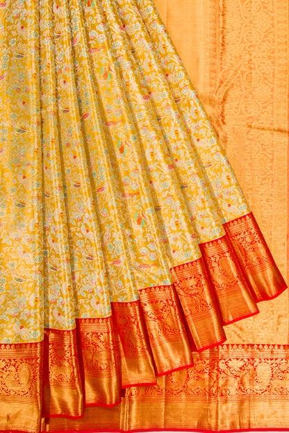 Kanchipuram Silk Tissue Jaal Yellow Saree