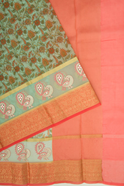 Organza Floral Printed Green Saree