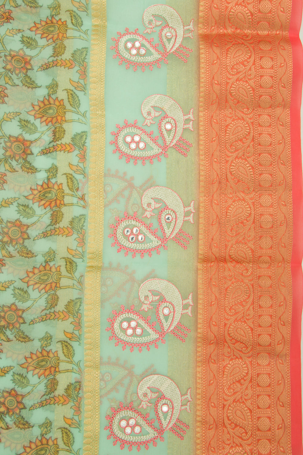 Organza Floral Printed Green Saree