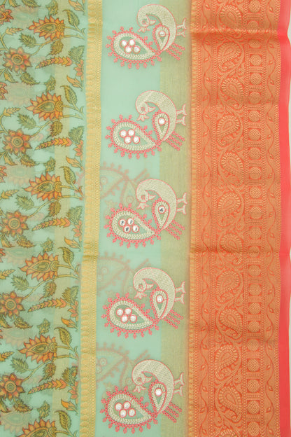 Organza Floral Printed Green Saree