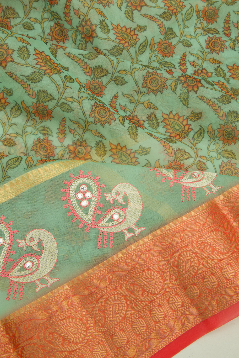Organza Floral Printed Green Saree