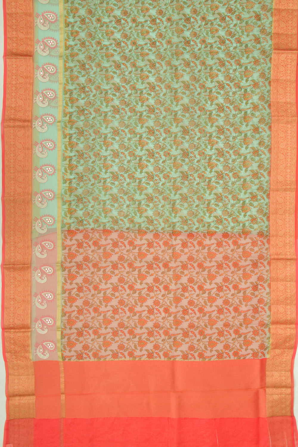 Organza Floral Printed Green Saree