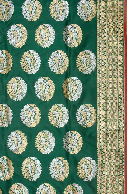 Banarasi Silk Kadwa Butta Bottle Green Saree