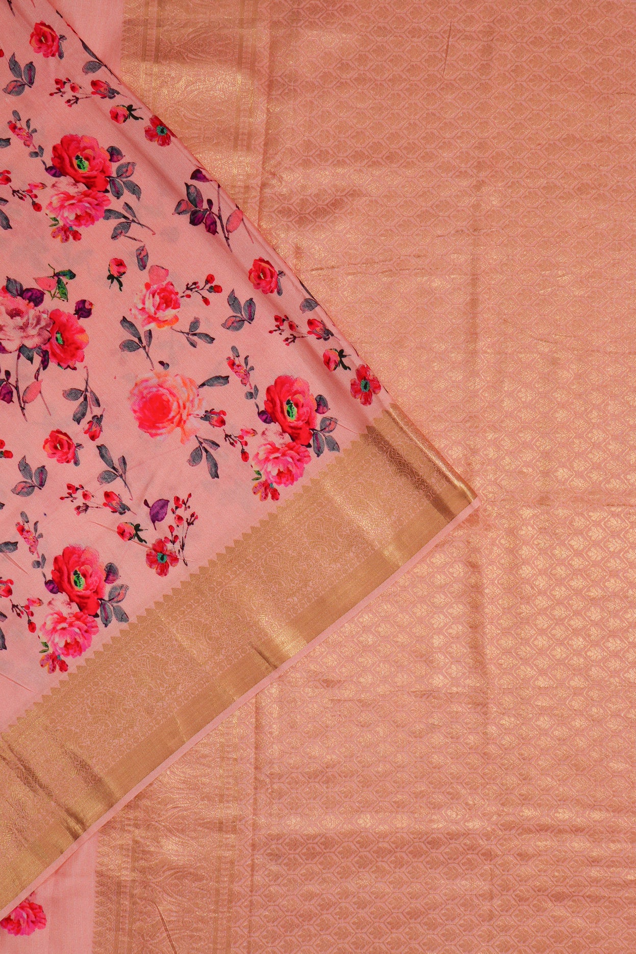 Kanchipuram Silk Floral Printed Baby Pink Saree