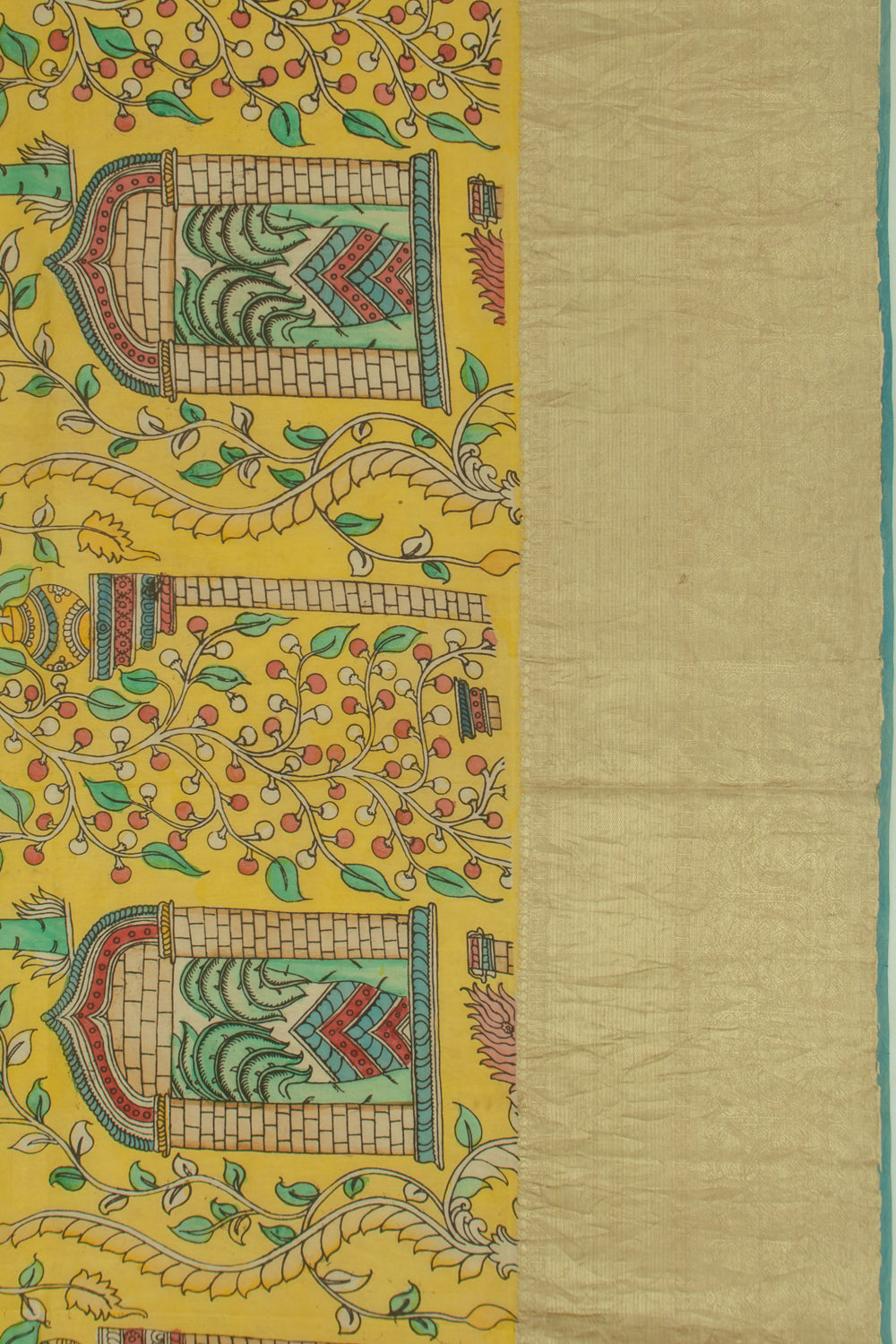 Kanchipuram Silk Kalamkari Yellow Saree
