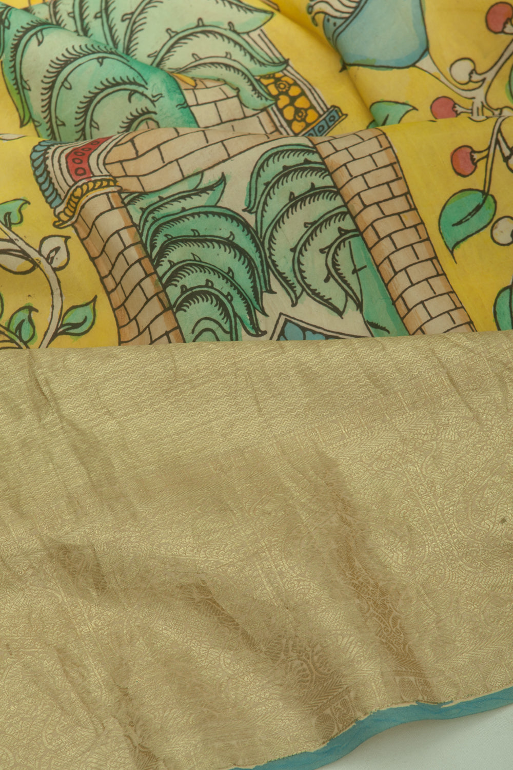 Kanchipuram Silk Kalamkari Yellow Saree