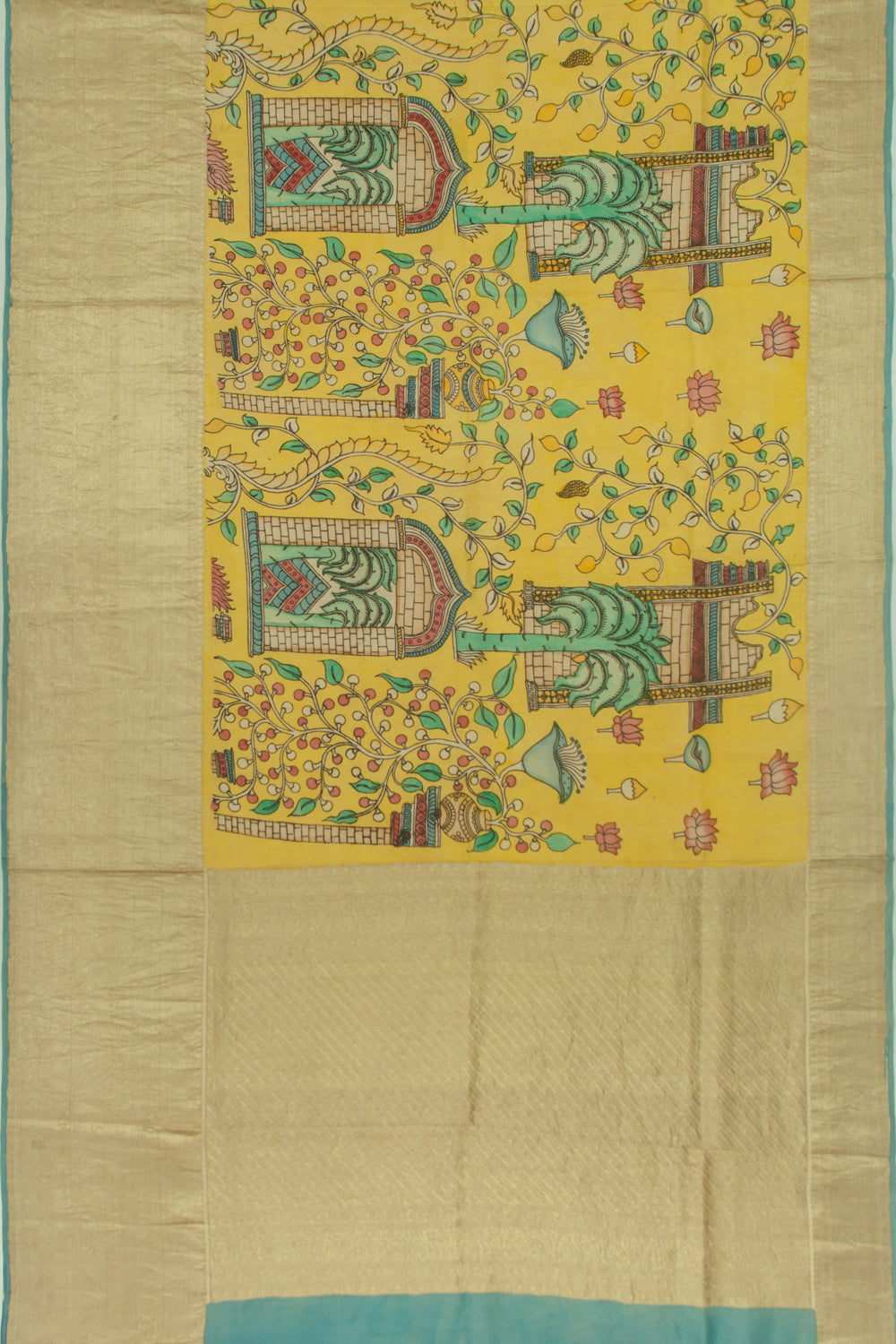 Kanchipuram Silk Kalamkari Yellow Saree
