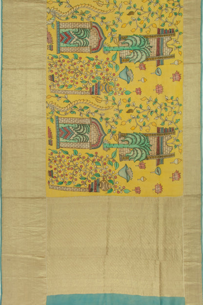 Kanchipuram Silk Kalamkari Yellow Saree